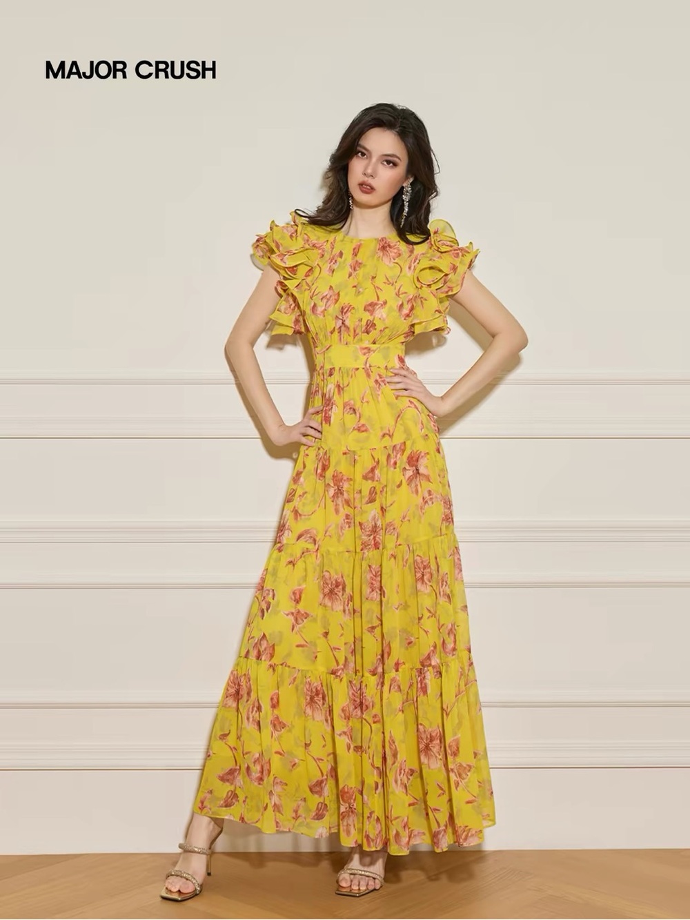 Designer-style Crush Yellow Floral Ruffle Maxi Dress
